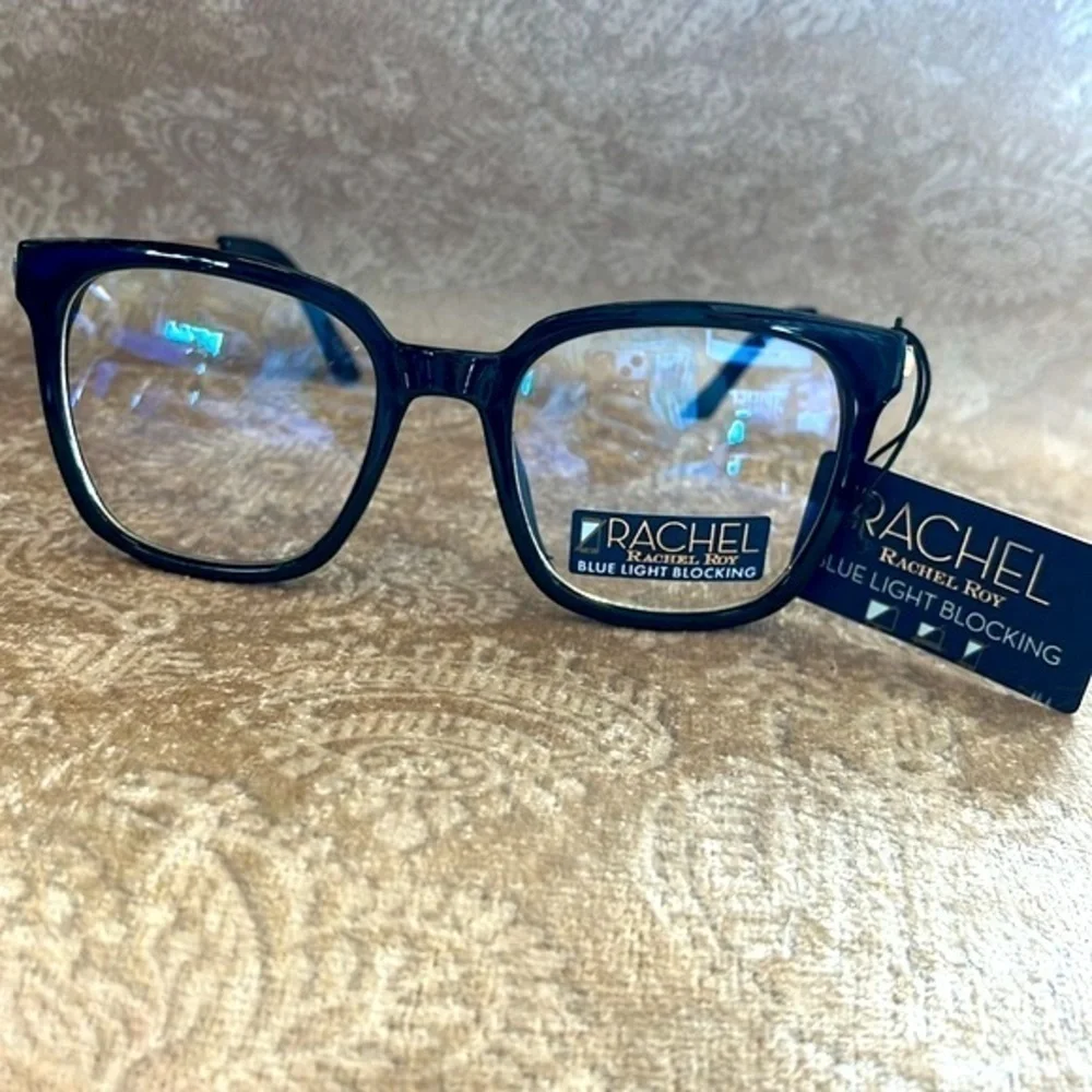 Brand New Rachel Roy Blue Light Blocking Round Glasses Black Frame Gold Tone Arm